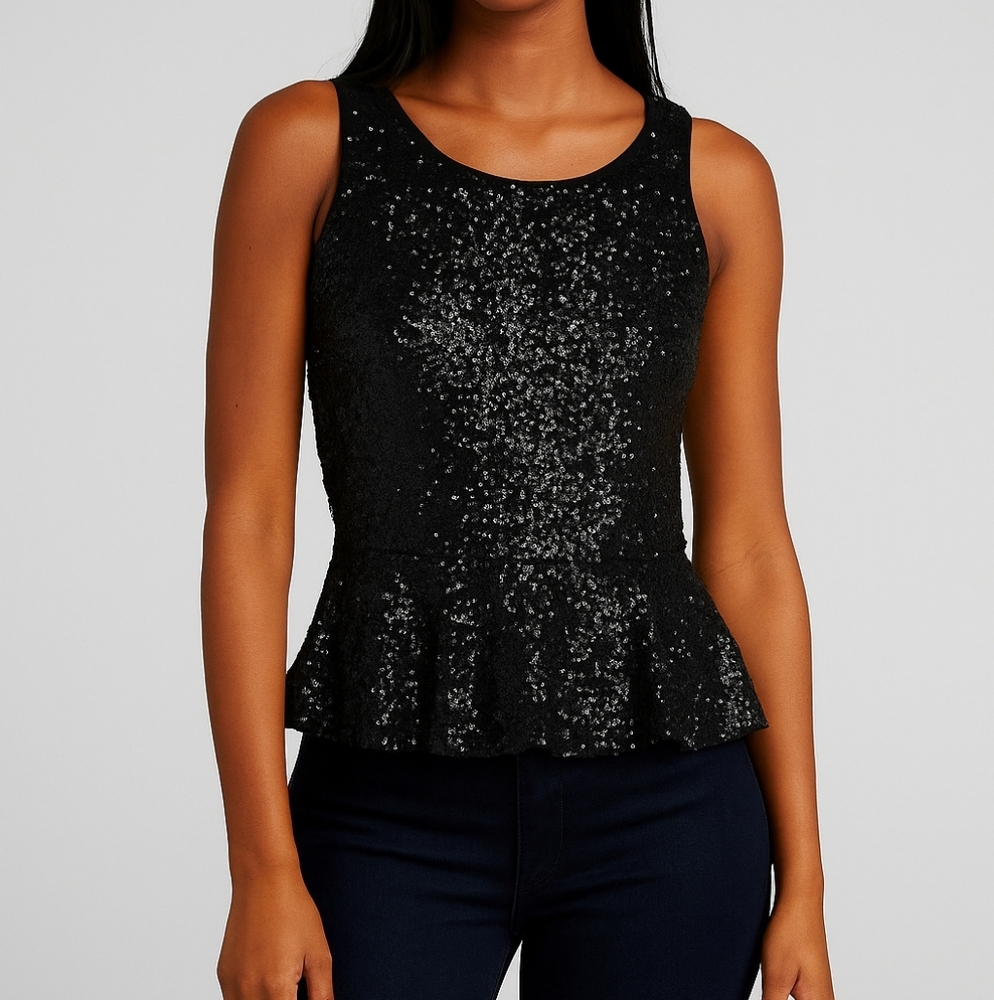 INC Sequin Peplum Top Women’s Size XS Black Sleeveless Sparkle Blouse Keyhole